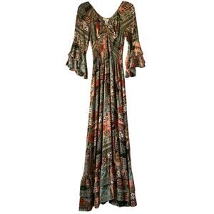 Apricot Boho Floral Patchwork Maxi Dress Smocked Bodice Tiered Sleeves Size 4